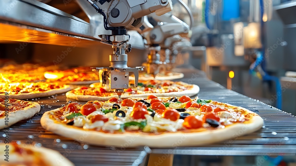 Poster robotic arms precisely placing various pizza toppings on an automated production line highlighting t
