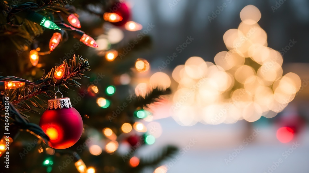 Poster joyful christmas tree with red ornaments and bokeh holiday lights in wintry outdoor setting : genera