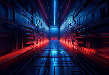 A futuristic hallway with a blue and red neon light.