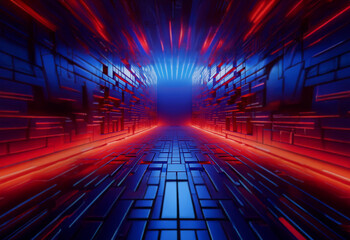 Obraz premium A glowing tunnel with blue and red neon lights creates a vibrant, futuristic landscape.