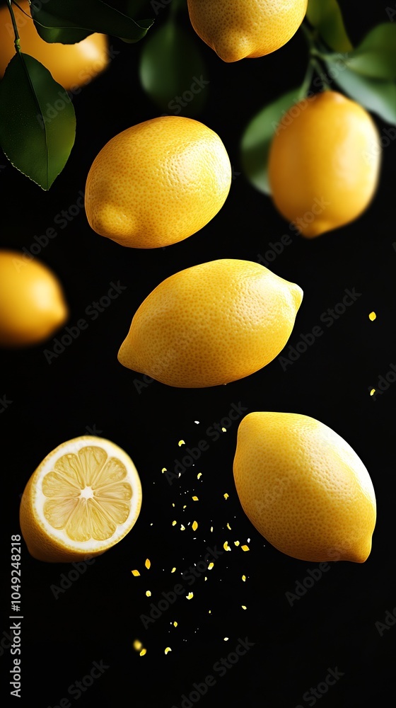 Aufkleber vibrant lemons with splashing zest isolated on black background : generative ai