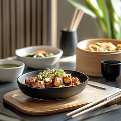 Savory Tofu Stir Fry with Fresh Vegetables and Sesame Seeds on Elegant Place Setting : Generative AI