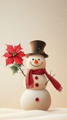 Fototapeta premium Cheerful cartoon snowman wearing a bright red scarf and a top hat, standing amidst a winter wonderland with holiday decorations