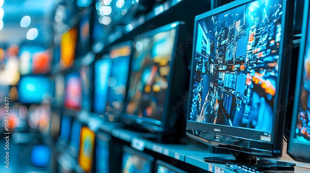 Aufkleber Rows of digital screens and monitors arranged side by side in a modern electronics store display showcasing a variety of high tech products and multimedia entertainment options for customers