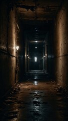 Dark corridor with rotting walls and weak lights. Frightening and horror concept. Halloween idea. Copy space.	