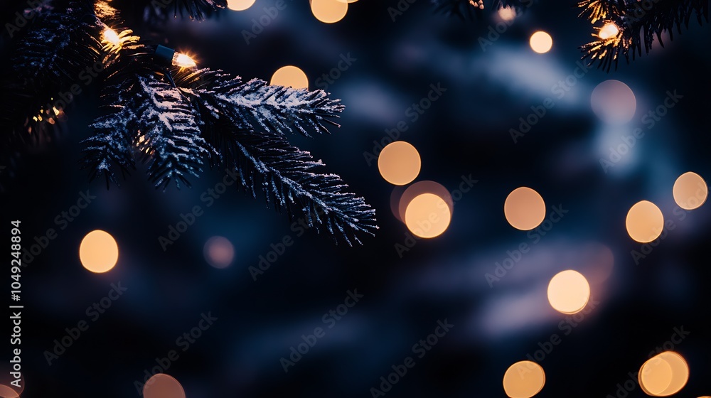 Aufkleber Close Up of Frosty Pine Branches with Bokeh Lights Creating a Serene Winter Atmosphere : Generative AI