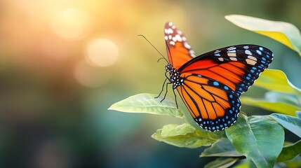 Obraz premium Vibrant Monarch Butterfly Gracefully Resting on Lush Green Leaf in Warm Sunlight : Generative AI