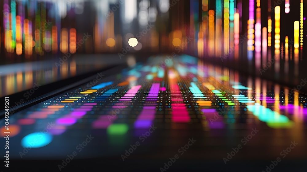 Poster colorful digital equalizer display with vibrant led light patterns : generative ai