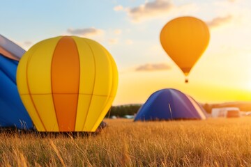 Obraz premium Hot Air Balloons with Tents at Sunset in a Serene Field Capturing Autumnal Beauty and Tranquility : Generative AI
