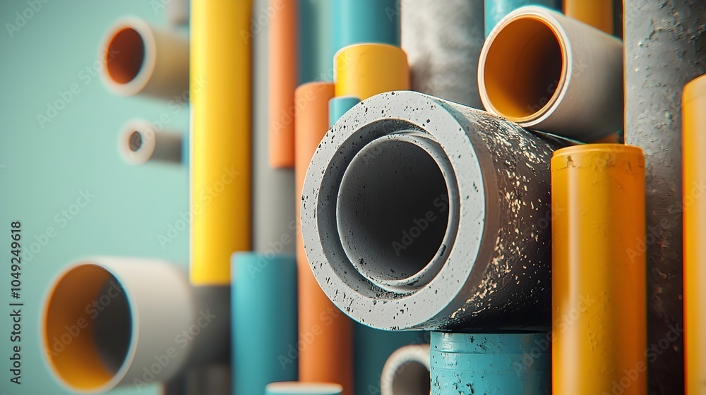 Poster rows of vividly colored pvc pipes and tubes in a variety of diameters and lengths arranged in an org