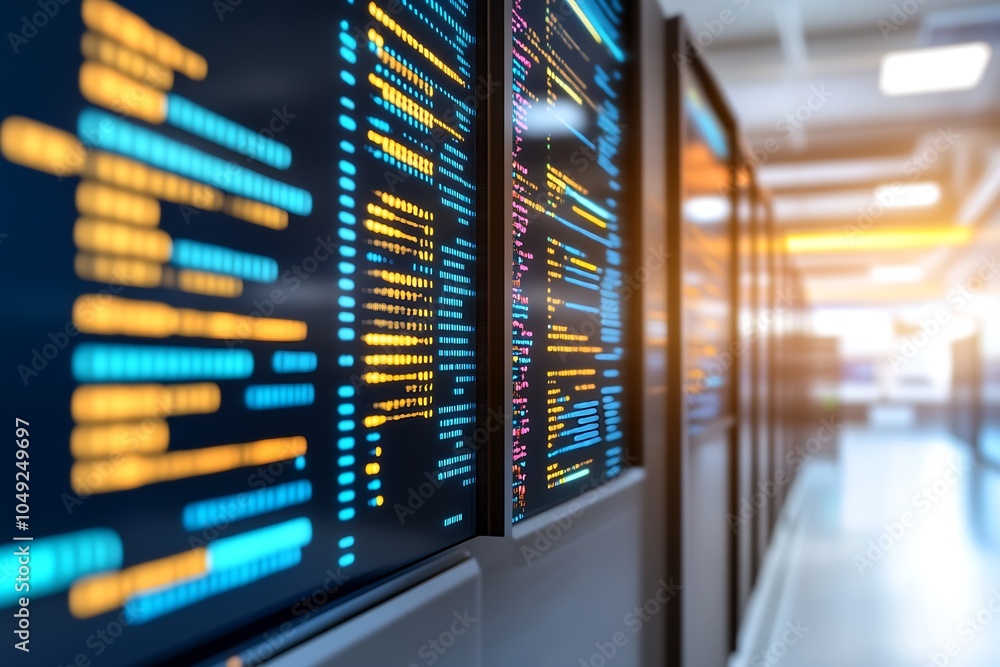 Poster Closeup Servers with Data Display Screens in Modern Data Center Environment : Generative AI