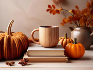 mug and pumpkin in autumn