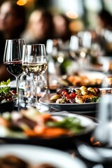 Elegant Restaurant Table Setting with Wine Glasses and Gourmet Dishes : Generative AI