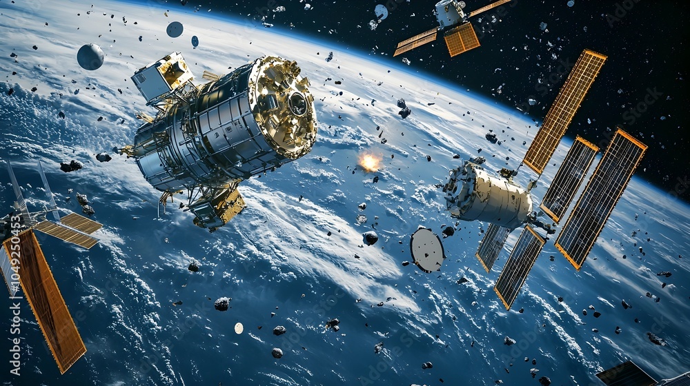 Poster Satellite Spacecraft Navigating Through Swirling Space Debris Floating in Earth s Orbit Avoiding Fragments of Cosmic Hazards