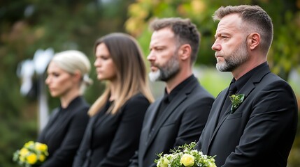 Mourning Ceremony Portrait of Attendees in Black Attire Standing Solemnly Outdoors : Generative AI