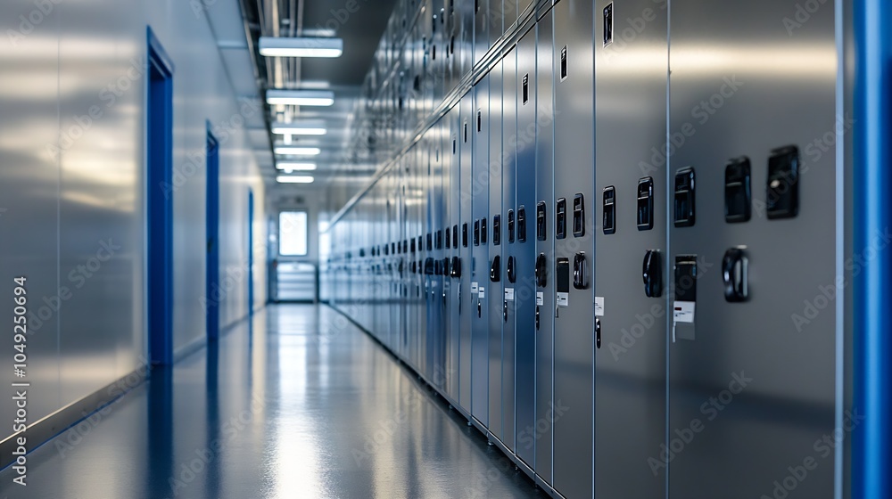 Poster modern data center corridor with steel server cabinets and bright overhead lighting : generative ai