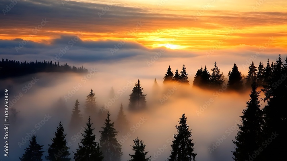 Aufkleber serene sunrise over misty forest with golden sky and dense trees : generative ai