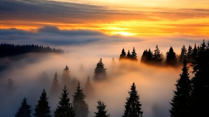 Obraz premium Serene Sunrise over Misty Forest with Golden Sky and Dense Trees : Generative AI