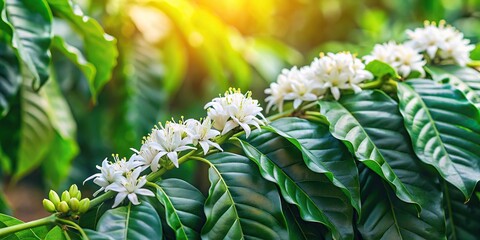 A coffee plant with green leaves and white flowers in a lush garden, tree, botanical, nature photography