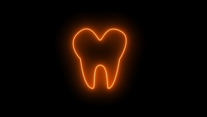 A neon teeth emblem of a human. Line of glowing neon A dark background with an isolated emblem of a tooth treatment operation.