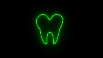 A neon teeth emblem of a human. Line of glowing neon A dark background with an isolated emblem of a tooth treatment operation.