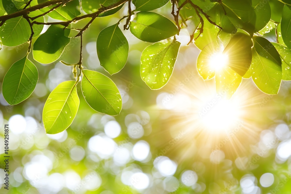 Poster sunlight filtering through vibrant green leaves creating a bright nature background : generative ai