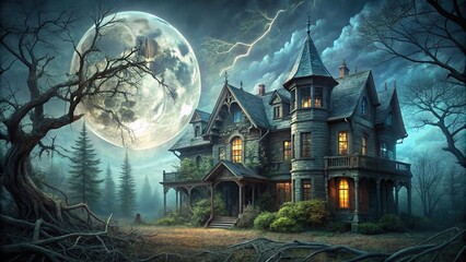 Obraz premium A haunted mansion with overgrown foliage and a full moon casting an eerie glow on the facade, surrounded by cobwebs and twisted tree branches, abandoned house, dark night, haunted house