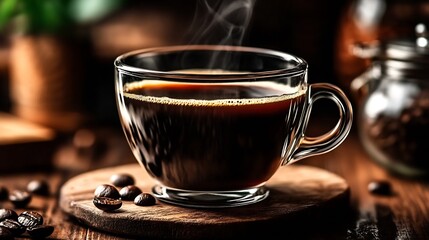 Steaming Hot Cup of Black Coffee in Cozy Rustic Cafe Setting with Wooden Elements : Generative AI