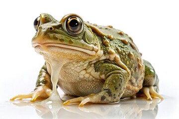 Obraz premium A khaki colored toad is sitting on a white background with a layer of dripping slime covering its back, ground texture, amphibian skin, slimy environment, toad habitat, nature