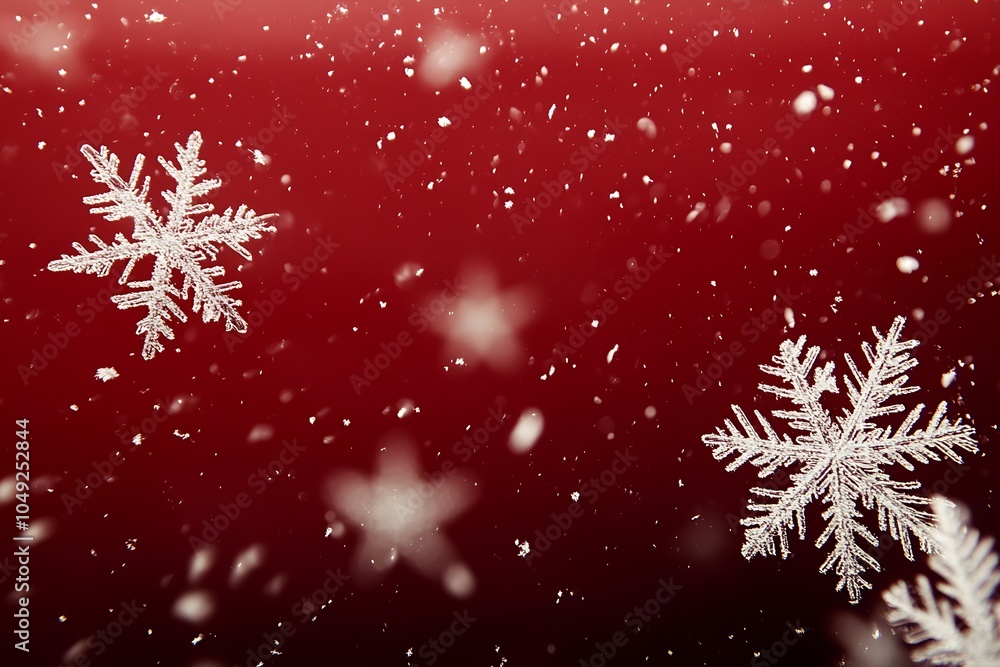 Poster Snowflakes Falling Against Vibrant Red Background Creating a Festive Winter Atmosphere : Generative AI