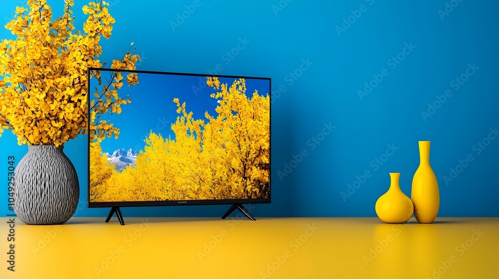 Poster smart tv settings menu with picture options displayed on screen surrounded by a modern minimalist ho