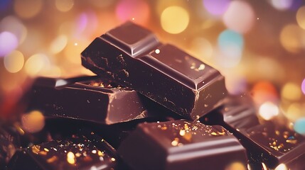 Luxury Dark Chocolate Bars with Golden Flakes in a Celebratory Festive Setting with Bokeh Lights : Generative AI
