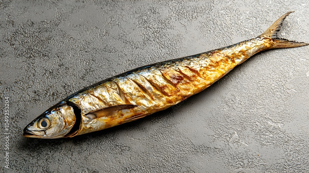 Poster smoked mackerel fillet placed flat on a simple minimalist surface with the tail end visible showcasi