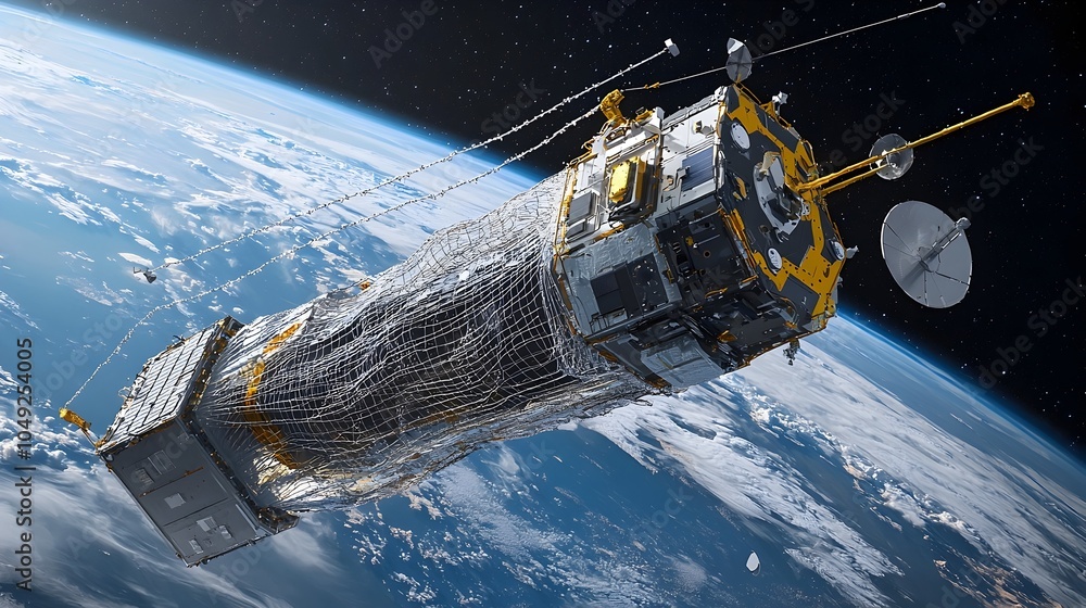 Aufkleber Spacecraft Deploying a Large Net to Sweep and Collect Floating Space Debris in Orbit for Environmental Sustainability and Hazard Mitigation in Space