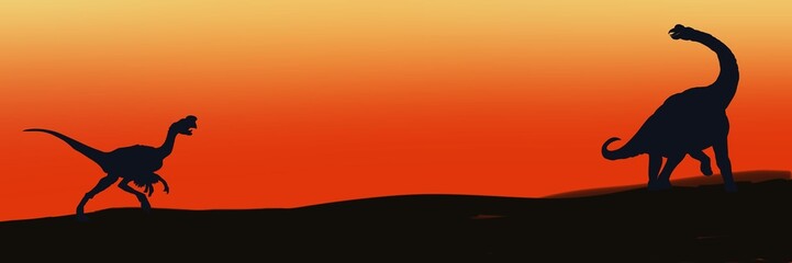 silhouette of dinosaurs . Orange red black background illustration Brachiosaurus dinosaur standing with Oviraptor dinosaur.