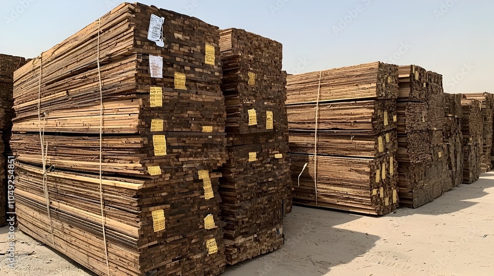 Poster stacks of bundled plywood sheets stored and prepared for export and shipment in a large industrial w