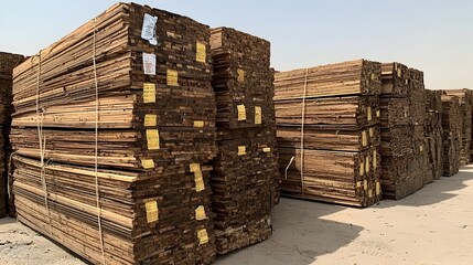 Stacks of bundled plywood sheets stored and prepared for export and shipment in a large industrial warehouse or distribution center