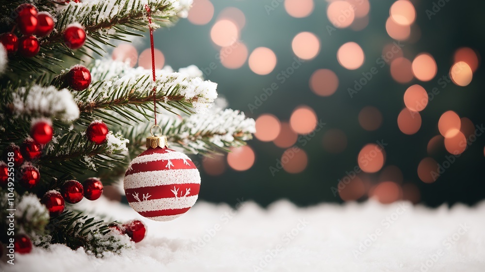 Poster Festive Christmas Tree with Red and White Ornament and Warm Bokeh Lights in Background : Generative AI