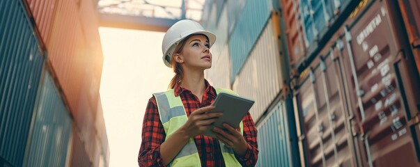 Female worker in safety vest and helmet inspecting cargo container, holding tablet, standing at container yard, shipping logistics, industrial job 