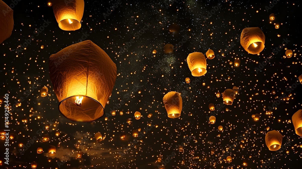 Poster Stunning aerial view of the Yi Peng Lantern Festival in Chiang Mai Thailand where thousands of colorful paper lanterns are released into the night sky creating a mesmerizing and spiritual atmosphere