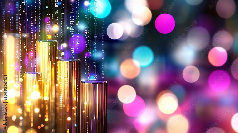 Poster Colorful Abstract Light Bokeh with Vertical Golden Bars and Digital Data Streams : Generative AI