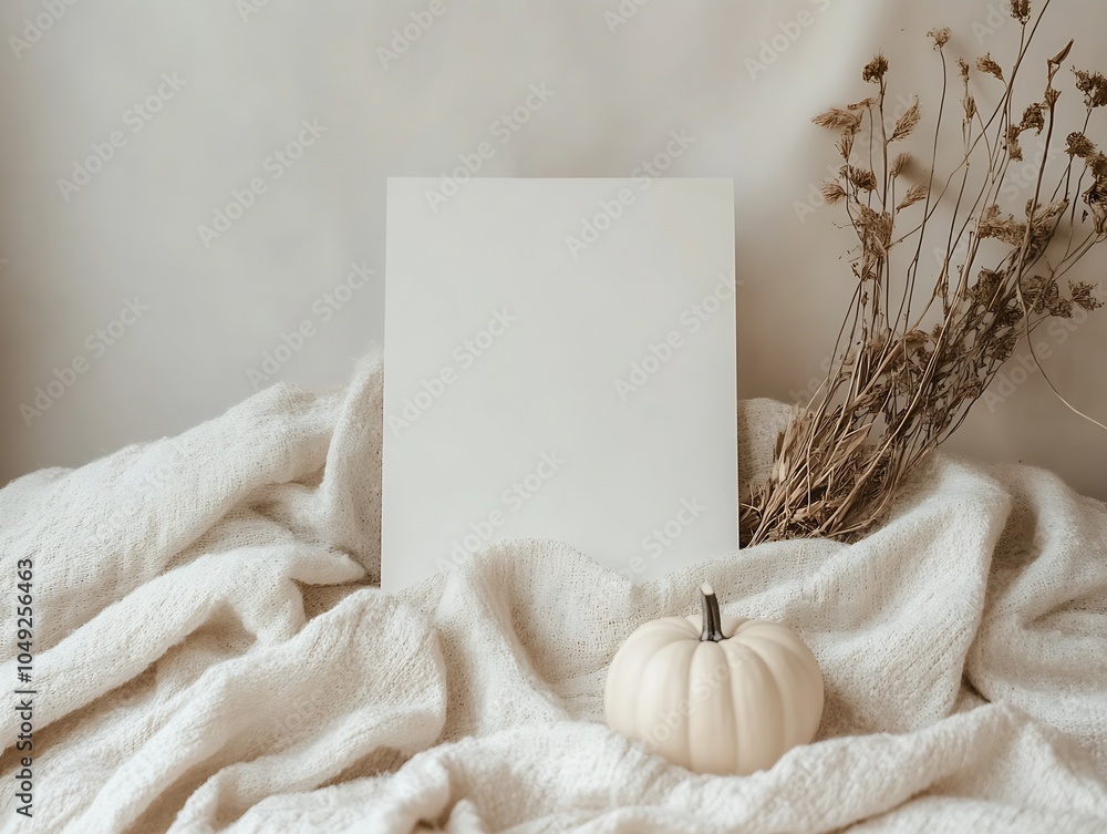 Poster minimalist autumn cozy scene with white pumpkin and blank canvas background : generative ai