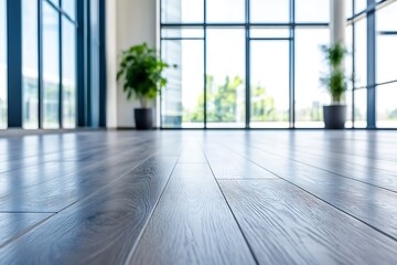 Fototapeta premium Bright Open Wooden Floor Space with Large Windows and Indoor Greenery : Generative AI