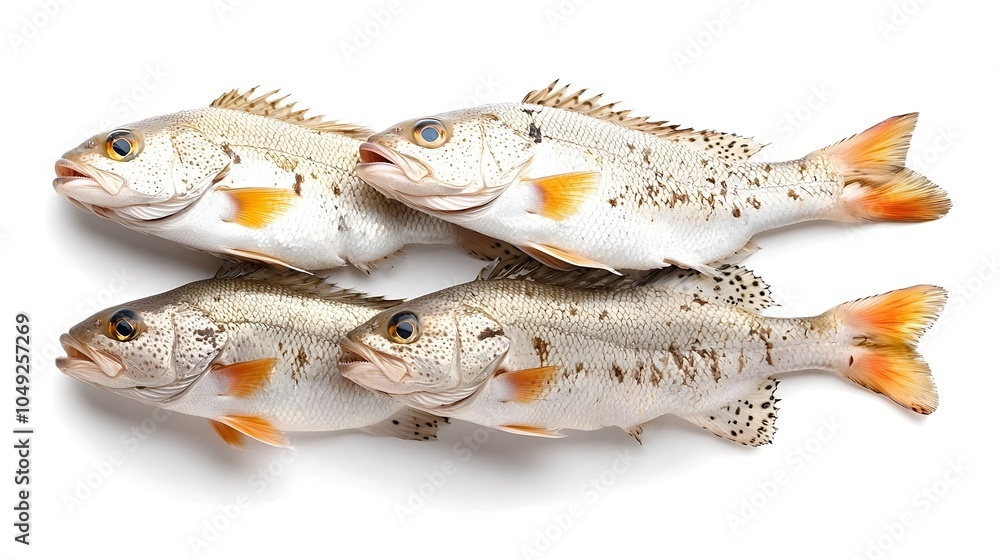 Poster symmetrically aligned group of croaker fish in a minimalist clean composition on a stark white backd