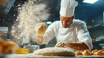 Talented chef skillfully spinning and tossing dough in the air as part of the process of preparing a delicious and fresh pizza base in a professional kitchen setting