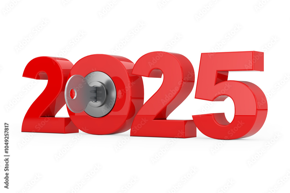 Poster new 2025 year sign with key. 3d rendering