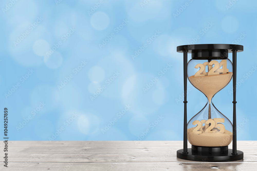 Aufkleber new 2025 year concept. sand falling in hourglass taking the shape from 2024 to 2025 year. 3d renderi