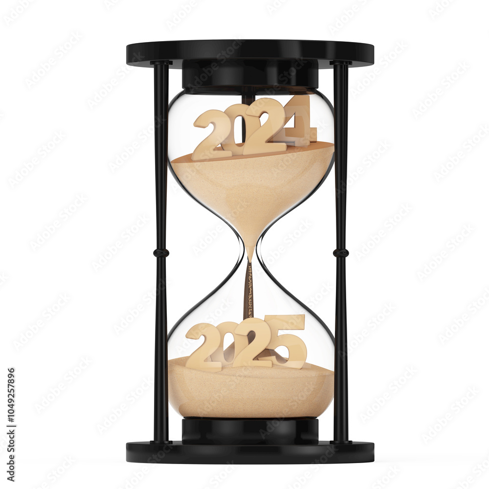 Poster New 2025 Year Concept. Sand Falling in Hourglass Taking the Shape from 2024 to 2025 year. 3d Rendering