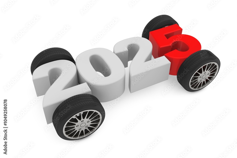 Poster 2025 Year Concept with Car Wheels. 3d Rendering