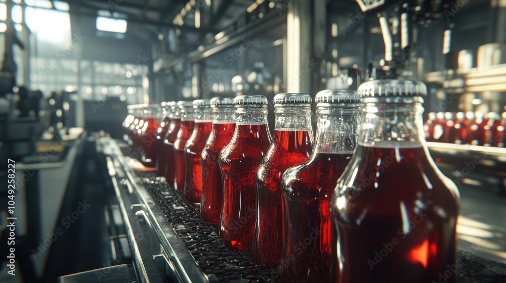 Poster bottling process of red liquid in factory setting